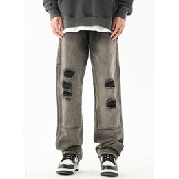 Men's Jeans Streetwear Men Black Grey Gradient Recreational Ripped Loose Straight Cylinder Broad Leg Trousers Autumn Female 230211