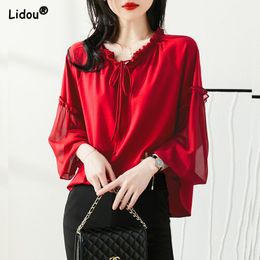 Women's Blouses Shirts Elegant Fashion V-neck Loose Butterfly Sleeve Blouses Female Solid Color Chiffon Thin Shirts 6XL Oversize Women Clothing 230211