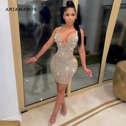 Casual Dresses ANJAMANOR Sexy Glitter Rhinestones Mesh Dress Women Club Wear Party Outfit Backless Deep V Neck Bodycon Mini Dresses D57-EF27 T230210