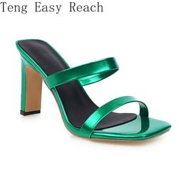 Slippers Shinny Gold Silver Green Woman Open Toe High Heels Outside Sandal Slides For Women Ladies Pumps Mules Big Size 46