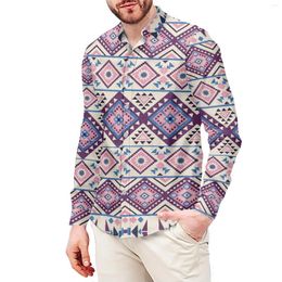 Men's Casual Shirts Purple Pattern Tribal Print Men's Dress T-Shirt Pornesian Sport Style Shirt Stand Collar 6XL Long Sleeves Winter