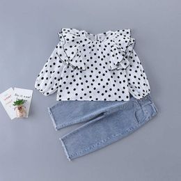 Sets Spring New Model Girls' Fashion Dotted Shirt High Waist Jeans Children's Suit Clothing