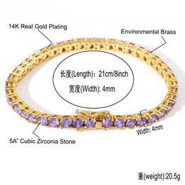 New 4mm single row purple Zircon Bracelet inschao brand 18K platinum luxury full diamond hip hop bracelet for women