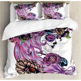 Bedding sets Gothic Duvet Cover Set Day of Dead Illustration with Sugar Skull Girl in Flower Wreath Decorative 3 Piece 2 230210