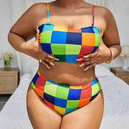 Split Fluorescent Colour Block Printing Plus Size Bikini Beach Swimsuit