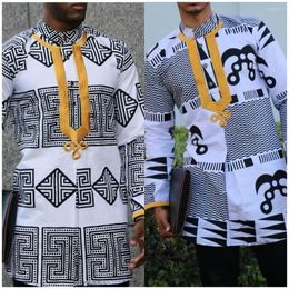 Men's Casual Shirts Dashiki Spring And Autumn Classic African Traditional Ethnic Style Printed Long-Sleeved Shirt Stand-upCollar T-Shirt