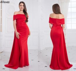 Plus Size Red Satin Overskirts Mermaid Bidesmaid Dresses Peplum Off The Shoulder Elegant Long Maid Of Honour Gowns For Wedding Guest Party Dress Simple Formal CL1827