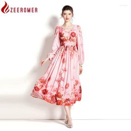 Casual Dresses 2023 Autumn Elegant Pink Floral Print Maxi Dress Women V Neck Lantern Sleeve A-line Party Robe Femme Vintage Holiday Vestidos