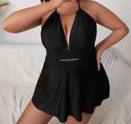 Large Size One Piece Swimsuit Deep V Sexy Backless Solid Colour Short Skirt For