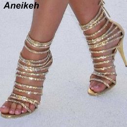 Сандалии Aneikeh Bling Gold Crystal Sandals Тонкие полосы Гладиатор Сандаль Обувь Стилетто Хил Свадебные насосы кафетка Сандаль G230211