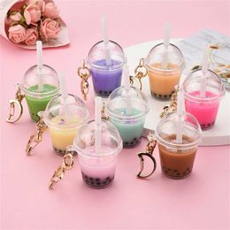 Key Rings Cute Mini Bubble Tea Keychain For Women Acrylic Simulation Bubble Cup Moon Key Chains with Straw Girl Gift Decoration Pendant G230210