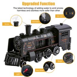 Christmas Toy Supplies Electric Retro Trains Set Meal Alloy Car Head Track With Smoke Light Sounds Creative Decor Model Party Gifts 230210