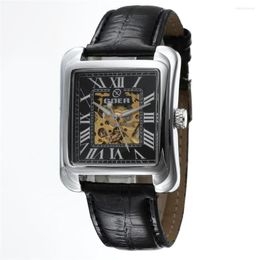 Wristwatches GOER Top Square Automatic Mechanical Skeleton Watches PU Leather Fashion Casual Men Relogio Masculino