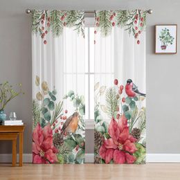 Curtain Christmas Fir Tree Robin Poinsettia Winter Tulle Window Voile Organza Valance Living Room Bedroom Decor Sheer Curtains