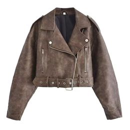 Women's Leather Faux Leather Women's autumn and winter fashion chic washed gradient leather jacket retro lapel long sleeve solid Colour short coat 230210