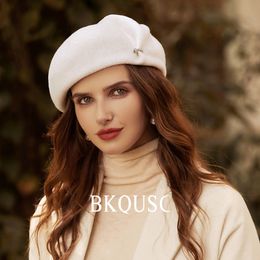 BeanieSkull Caps Elegant Ladies Wool Beret British Vintage Painter Hat High Quality Woollen Solid Colour Warm Felt Beret's Cashmere 230211