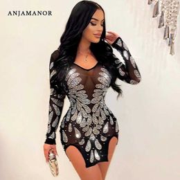 Casual Dresses ANJAMANOR Rhinestone Mesh Sexy Backless Bodycon Dresses for Date Night Club Outfits Transparent Sparkly Black Dress D82-DF23 T230210