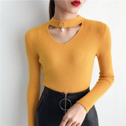 Women's Sweaters Crochet Pearl V-Neck Stretchy Knitted Pullovers Elegant Women Sweater Long Sleeve Slim Pull Femme Forextolux 2023 Sexy