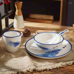 Bowls Chinese Ceramic Rice Bowl Dinner Plate Tea Cup Spoon Set Ink Painting Dinnerware Home Soup Container Crafts Decor