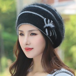 BeanieSkull Caps Angora Beret Women Winter Hat Knit Beanie Autumn Warm Flower Thick Double Layers Skiing Outdoor Accessory For Lady 230211