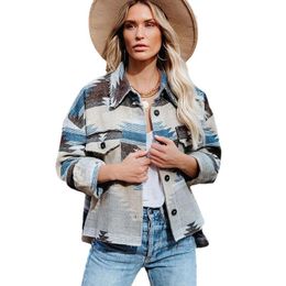 Women's Wool & Blends Autumn Printed Jacket Women Female Long Sleeve Overwear Winter Retro Ethnic Geometric Single Breasted Woollen Baggy Coa