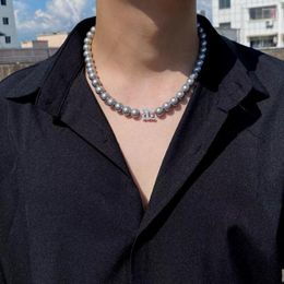 Choker Imitation Grey Pearl Necklaces Man Trend Hip Hop Jewellery Stainless Steel Letter Personalised Fashion Street Accessories