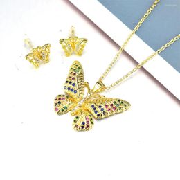 Necklace Earrings Set Korea Fashion Pendant Color Zircon Butterfly Lady Earring Jewelry Wholesale Consignment