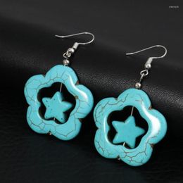 Dangle Earrings Silver Plated Flower Hollow Star Point Green Turquoises Stone For Women Jewellery