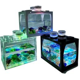 Mini Aquarium Fish Tank With Led Lights Home Office Decoration Feeding Box Aquariums Accessories