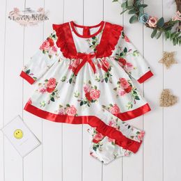 Girl Dresses 2023 Princess Baby Dress 2PCS Outfit Set Long Sleeve Floral Flower Print Ruffle Sweet With Panties