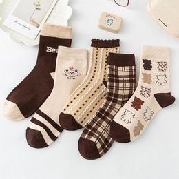 Women Socks Autumn And Winter Style Ladies Mid-tube Combed Cotton Bear Trendy Japanese Khaki Pile