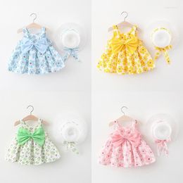 Girl Dresses 2piece Summer Born Baby Clothes Set Floral Cute Print Sleeveless Princess Dress Hat Toddler Brand