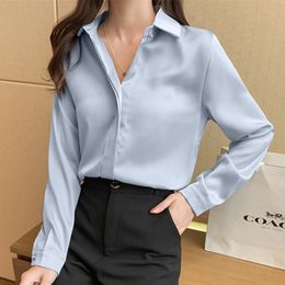 Women's Blouses Shirts Spring Satin Blouse for Women Long Sleeve Silk White OL Woman Solid Pullover Ladies Tops 230211