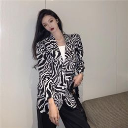 Women's Suits & Blazers Sleeve Long Zebra Pattern Blazer Women Loose Single Button Chiffon Thin Suit Jacket Summer Street Casual Office Lady