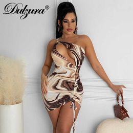 Casual Dresses Dulzura Tie Dye Print Hollow Out Single Shoulder Mini Dress Drawstring Ruched Lace Up Bodycon Sexy Streetwear 2021 Summer Y2K T230210