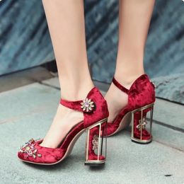 Fashion Rhinestone Wedding Bridal Shoes Women High chunky heel Velvet Red Carpet Lady Dress Shoes