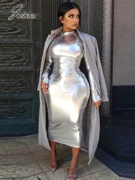 Party Dresses Joskaa Shiny Silver PU Leather Party Dress Women Sexy Round Collar Long Sleeve Bodycon Midi Dresses Autumn 2022 Elegant Clubwear T230210