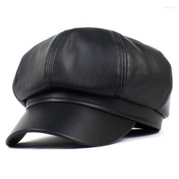 Stingy Brim Hats Women's Leather Octagonal Hat PU Matte Korean Fashion Waterproof Windproof Solid Color Berets Wild Curved Peaked Cap