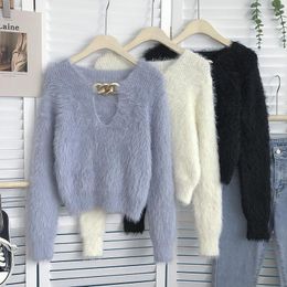 Women's Sweaters Knitted Sweater Korean Style Sweet Women V-Neck Fluffy Chic Short Pullover Female Casual Ladies Clothes Drop