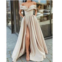 Off the Shoulder Champagne High Slit Long Prom Dresses V-neck Floor Length Arabic Evening Gowns robe de soiree