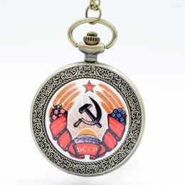 Pocket Watches Vintage USSR Emblem Earth Sickle Hammer Wheat CCCP Dome Quartz Watch Analog Pendant Necklace Men Women Gift Reloj