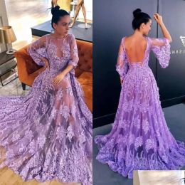 2023 Lilac Prom Dresses Sexy Illusion Bodice Lace Applique Long Sleeves Backless Custom Made Evening Gown Formal Ocn Wear Vestidos Plus Size 403 403