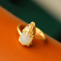 Cluster Rings Silver Natural Hetian White Jade Brave Open Adjustable Ring Chinese Retro Beast Domineering Exaggerated Women's Brand