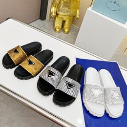 Popular famous designer womens sandals slipper upper with crystal decoration triangle sandal classic fashion swimming pool beach slippers with original box