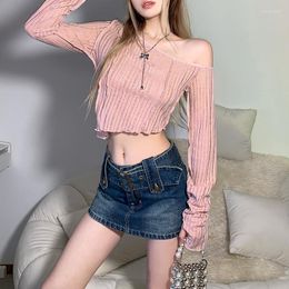 Women's T Shirts Sexy Retro All-Match Strapless Tee Bevelled Solid Colour Women's Short Top Aesthetic Clothes Transparent Strip Loose