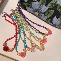 Pendant Necklaces Contrast Colours Flower Beads Female 2023 Ins Style Collarbone Red Blue Chain Bohemian Y2k Jewellery Wholesale