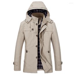 Men's Trench Coats 2023 Khaki Coat Men's Spring Autumn Removable Hood Windbreaker Mid-length Man Outerwear Cotton Casual Tops M-5XL