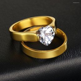 Wedding Rings Gold Silver Color Love Heart Crystal Couple Women Set Classic Stainless Steel Men Ring Fashion Jewelry Gifts