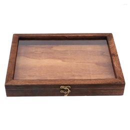 Decorative Figurines Box Specimen Display Jewellery Glass Case Wooden Withwood Transparent Tray Forbrown Accessories Storage Metal Clasp