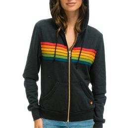 Spring women's fashion sweatshirts oversized rainbow striped long-sleeved hoodie zipper pocket coat